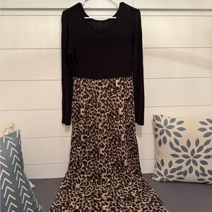 Black and Leopard Print Long Sleeve Dress
